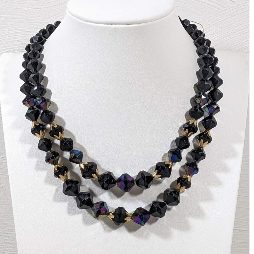 Vintage Japan Black Lucite Bead Two Strand Choker Necklace 18 inches